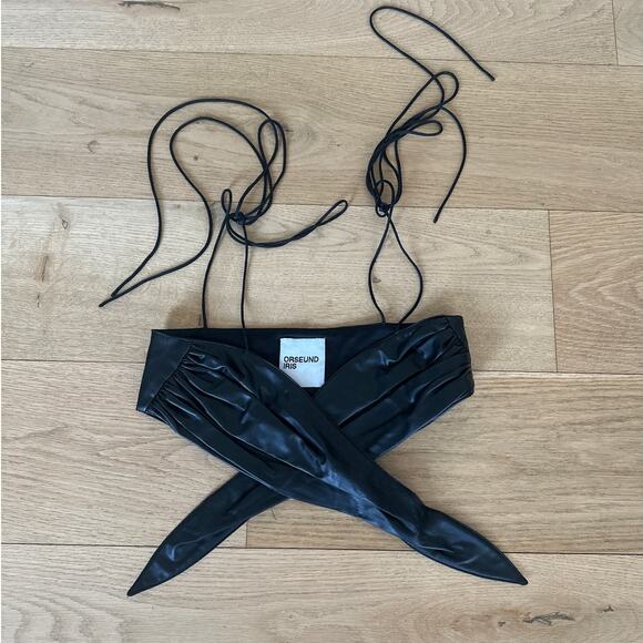 Orseund Iris - Faux Leather Knot Front Bandeau Crop Top with Tie Straps in Black - Picture 1 of 5